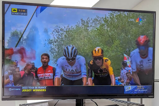 TV screen of bike riders.
